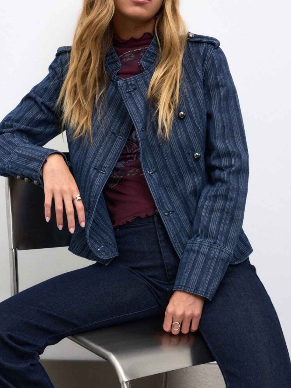 Blue Casual Women's Double-Breasted Denim Jacket - Picture 8 of 8
